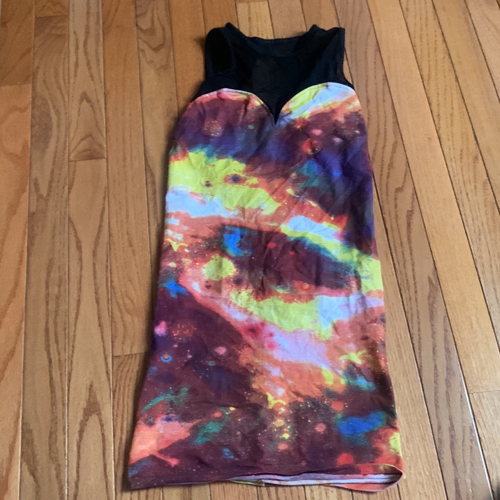 Motel Rocks 00s galaxy print body con mesh dress